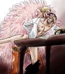  2boys anal bdsm bite_mark blonde_hair blood bondage bottomless bound bruise censored cum donquixote_doflamingo hook_hand injury licking male male_focus multiple_boys naked_shirt one_piece pants_around_one_leg pants_down penis rape sex shirt sir_crocodile table tongue undressing wire yaoi 