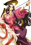  absurdres aiming archery arrow black_hair bow_(weapon) breasts cleavage copyright_request drawing_bow eiwa headband highres holding holding_arrow holding_bow_(weapon) holding_weapon horse horseback_riding japanese_clothes jewelry large_breasts long_hair necklace outstretched_arm purple_hair riding solo very_long_hair weapon 
