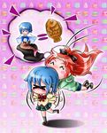  &gt;_&lt; ^_^ biting black_legwear blue_hair blush blush_stickers cake cape chibi closed_eyes denyc fangs flapping food hair_ornament hairclip head_biting loafers long_hair mahou_shoujo_madoka_magica mermaid miki_sayaka mitakihara_school_uniform monster_girl monsterification multiple_girls oktavia_von_seckendorff plaid plaid_skirt pleated_skirt ponytail red_hair sakura_kyouko school_uniform shoes short_hair shorts skirt spoilers taiyaki wagashi 