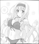  arms_up bare_shoulders bikini blush bracelet breasts cecilia_alcott cleavage front-tie_top greyscale himura_kiseki infinite_stratos jewelry large_breasts long_hair looking_at_viewer monochrome navel side-tie_bikini solo spoken_blush swimsuit underboob 