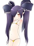  arms_behind_back beako bikini flat_chest gegege_no_kitarou hair_over_one_eye hair_ribbon long_hair looking_at_viewer micro_bikini navel orange_eyes original pale_skin pikuseru pointy_ears purple_hair ribbon simple_background solo sweatdrop swimsuit twintails very_long_hair white_background 