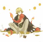  bleach blonde_hair charmander crossover fire green_eyes japanese_clothes male male_focus pokemon sketch sleeping urahara_kisuke yuuki_chitose 