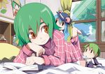  antennae bad_id bad_pixiv_id barefoot bed blue_hair book brown_eyes chibi cup d@i day drinking drinking_straw face foreshortening green_hair hands hat hinanawi_tenshi kazami_yuuka lying minigirl mountain multiple_girls on_stomach pajamas reading sky smile touhou tree window wriggle_nightbug 