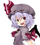  absurdres alternate_color ascot bow brooch dress hat hayate-s highres jewelry puffy_sleeves purple_hair red_eyes remilia_scarlet ribbon short_hair smile solo touhou upper_body white_background wings 