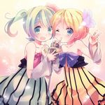  aqua_eyes aqua_hair bad_id bad_pixiv_id blonde_hair blue_eyes blush cheerful_candy_(module) colorful_drop_(module) colorful_x_melody_(vocaloid) dress flower hair_flower hair_ornament hands hatsune_miku kagamine_rin microphone microphone_stand multiple_girls nail_polish one_eye_closed ousaka_nozomi project_diva_(series) project_diva_2nd short_hair twintails v vintage_microphone vocaloid vocaloid_append 