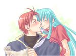  aqua_hair blue_hair blush bracelet couple earrings eirika eyes_closed feather feathers fire_emblem fire_emblem:_seima_no_kouseki fire_emblem_sacred_stones from_behind gloves hand_on_shoulder happy heart incipient_kiss jewelry knight long_hair looking_back paper princess red_eyes red_hair seth short_hair smile surprise surprised writing 