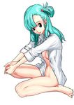  aqua_eyes aqua_hair bad_id bad_pixiv_id barefoot bottomless breasts bulma delta_zone dragon_ball dragon_ball_z face feet hands leg_hug lips naked_shirt no_panties shirt sleeves_rolled_up small_breasts solo 