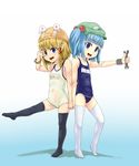  &gt;_&lt; arm_at_side back-to-back bangle bangs black_legwear blonde_hair blue_background blue_eyes blue_hair blue_swimsuit blunt_bangs blush bracelet character_name covered_navel emblem eyebrows_visible_through_hair flat_cap flat_chest from_side full_body gradient gradient_background green_hat hair_bobbles hair_ornament hair_tubes hand_up happy hat head_tilt highres hips holding holding_hands interlocked_fingers jewelry kawashiro_nitori legs_apart moriya_suwako multiple_girls name_tag new_school_swimsuit old_school_swimsuit one-piece_swimsuit open_mouth outstretched_arm pinky_out pyonta school_swimsuit see-through shadow short_hair short_hair_with_long_locks sidelocks sinzen smile standing standing_on_one_leg swim_cap swimsuit thighhighs tiptoes touhou translated two_side_up white_background white_legwear white_swimsuit wrench wristband zettai_ryouiki 