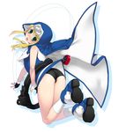  1boy arc_system_works ass bent_over bike_shorts blonde_hair blue_eyes blush bridget bridget_(guilty_gear) bulge crossdress crossdressing fingerless_gloves full_body gloves guilty_gear head_tilt highres long_hair looking_back male_focus nun open_mouth skirt skirt_lift solo sweat trap yo-yo yoyo 