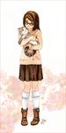  boots brown_eyes brown_hair cat face glasses holding long_sleeves meago original pigeon-toed skirt socks solo sweater traditional_media white_legwear 