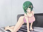  all_fours amder bad_id bad_pixiv_id barefoot bed bottomless breasts camisole glasses green_eyes green_hair huge_breasts infinite_stratos large_breasts short_hair solo underwear underwear_only yamada_maya_(infinite_stratos) 