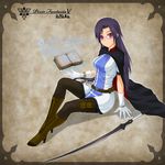  black_hair boots cloak glasses gloves highres long_hair midnight_(banyex) pantyhose pixiv_fantasia pixiv_fantasia_5 purple_eyes sitting solo sword weapon 