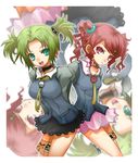  bangs barrette breasts choker curly_hair droite_(tales) gauche_(tales) green_eyes green_hair happy kirita_(noraring) leg_garter medium_breasts multiple_girls necktie parted_bangs red_eyes red_hair serious short_hair short_twintails siblings sidelocks skirt skull small_breasts tales_of_(series) tales_of_vesperia twins twintails upside-down zoom_layer 