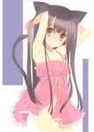  animal_ears armpits arms_up babydoll bare_shoulders black_eyes black_hair brown_eyes cat_ears cat_tail flat_chest light_smile looking_at_viewer mofmof_(sousa) no_panties original see-through smile solo tail 