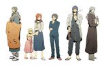  4boys airi_(hokuto_no_ken) amiba annotated beads beard bow commentary contemporary facial_hair gakuran gesuidou_(hephaestus1214) highres hokuto_no_ken kasumi_kenshirou kesa mamiya monk multiple_boys multiple_girls no_socks ougai prayer_beads ryuuken sandals school_uniform serafuku souten_no_ken 