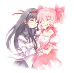  akemi_homura black_hair bloom blush choker closed_eyes crying ech gloves happy_tears holding_hands hug interlocked_fingers kaname_madoka light long_hair magical_girl mahou_shoujo_madoka_magica multiple_girls pink_hair puffy_sleeves red_choker ribbon short_hair sketch smile tears twintails white_gloves 