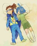  1girl bad_id bad_pixiv_id blue_hair book brother_and_sister brown_hair cape glasses goggles hairlocs inazuma_eleven inazuma_eleven_(series) kidou_yuuto lying na_(mu33) on_stomach otonashi_haruna short_hair siblings sleeping 