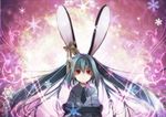  animal_ears aqua_hair bad_id bad_pixiv_id bow bunny_ears hatsune_miku highres long_hair red_eyes ribbon solo tahya twintails vocaloid 