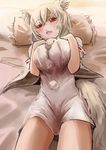  animal_ears blush breasts detached_sleeves frilled_pillow frills inubashiri_momiji large_breasts lying on_back pillow red_eyes short_hair sinzan solo tail touhou white_hair wolf_ears wolf_tail 