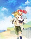  1girl bad_id bad_pixiv_id blonde_hair blush carrying child clain earrings fractale green_eyes happy jewelry long_hair nessa piggyback red_hair renta_(deja-vu) sandals shorts socks twintails 