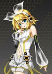  absurdres aqua_eyes arm_warmers bare_shoulders blonde_hair detached_sleeves hair_ornament hair_ribbon hairclip headphones hexagon highres kagamine_rin kagamine_rin_(append) nail_polish navel ribbon roura short_hair shorts smile solo vocaloid vocaloid_append 