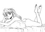  ass barefoot bed feader feet greyscale long_hair monochrome neon_genesis_evangelion nude pillow sketch smile solo souryuu_asuka_langley 
