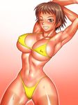  bikini breasts kodamashi large_breasts muscle nipples short_hair smile sweat swimsuit teeth 