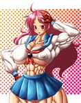  abs asamiya_athena biceps blush breasts cleavage extreme_muscles fingerless_gloves gloves headband huge_breasts king_of_fighters muscle muscles muscular muscular_female nipples pink_hair psycho_soldier purukogi purukogi_(plasma_beach) red_eyes school_uniform serafuku smile snk v 