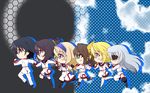  5girls black_hair blonde_hair blue_eyes blue_hairband boots brown_hair cecilia_alcott charlotte_dunois chibi drill_hair eyepatch green_eyes hair_ribbon hairband highres huang_lingyin infinite_stratos kaleido_yuki laura_bodewig long_hair multiple_girls orimura_ichika pantyhose ponytail purple_eyes ribbon shinonono_houki silver_hair thighhighs twintails 