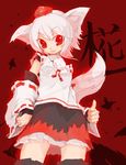  animal_ears bird detached_sleeves hat highres inubashiri_momiji nartanz red red_eyes short_hair skirt solo tail thumbs_up tokin_hat touhou white_hair wolf_ears wolf_tail 