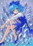  adapted_costume ama-tou blue_eyes blue_hair bow cirno dress hair_bow high_heels highres legs light_smile looking_at_viewer nail_polish no_socks shoes short_hair sitting smile solo touhou wings 