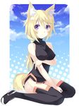  animal_ears bad_id bad_pixiv_id bangs between_legs black_legwear blonde_hair blush breast_hold breasts charlotte_dunois cloud colored_eyelashes day fox_ears fox_tail from_side full_body hair_between_eyes halftone halftone_background halterneck hand_between_legs holding_arm infinite_stratos kemonomimi_mode leotard long_hair looking_at_viewer low_ponytail medium_breasts outdoors parted_lips pelvic_curtain pilot_suit ponytail purple_eyes senoo_aoi sitting sky solo tail taut_clothes thighhighs turtleneck wariza 