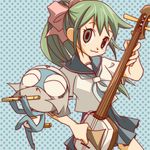  1girl :3 aqua_eyes azumaya_koyuki bow female flute green_hair highres instrument keroro_gunsou musical_instrument polka_dot school_uniform skirt 