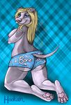  blonde_hair blue_eyes boxers breasts butt canine chubby dog female hair hindpaw hookah_(artist) looking_at_viewer looking_back looking_over_shoulder mammal nipples overweight paws pink_nose pitbull solo topless underwear 