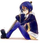  blue_eyes boots glasses jacket katana one_piece purple_hair short_hair sitting six_(fnrptal1010) sword tashigi weapon 