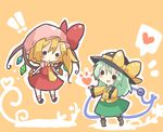  2girls :d blonde_hair bow chibi crystal demon_wings flandre_scarlet flying green_hair hanuu_(kemomiku) hat hat_bow heart komeiji_koishi mob_cap multiple_girls open_mouth parted_lips red_bow simple_background smile solid_circle_eyes spoken_heart standing string talking third_eye touhou wings yellow_background yuri 