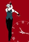  bad_id bad_pixiv_id banned_artist braid chikage_(kinokodou) clock genderswap genderswap_(ftm) gloves izayoi_sakuya knife long_sleeves male_focus monocle mouth_hold necktie pants pocket_watch red_background roman_numerals silver_hair solo touhou vest watch 