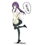  :d apron blush_stickers highres open_mouth purple_eyes purple_hair rato skirt smile solo standing standing_on_one_leg thighhighs tiptoes translated uniform waitress working!! yamada_aoi zettai_ryouiki 