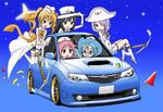  akiran_(r32) aoi_(houkago_no_pleiades) car driving glasses gloves ground_vehicle hand_on_headwear hat hikaru_(houkago_no_pleiades) houkago_no_pleiades itsuki_(houkago_no_pleiades) motor_vehicle multiple_girls nanako_(houkago_no_pleiades) open_mouth pleiadean short_hair smile staff star subaru_(brand) subaru_(houkago_no_pleiades) subaru_impreza sweatdrop traffic_cone 