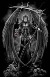  armor black_hair blood boots corset death_(personification) dress female grey grey_theme grim_reaper hair hourglass long_hair necklace reaper scythe skirt skull skulls solo tiara undead unknown_artist white_eyes wings 
