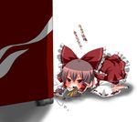  all_fours ascot boooo-im bow brown_hair coin detached_sleeves hair_bow hair_ornament hair_tubes hakurei_reimu pink_eyes poverty solo touhou translated vending_machine 