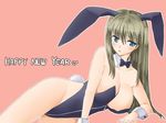  animal_ears bare_legs blue_eyes breasts bunny_ears bunnysuit cleavage full-length_zipper grey_hair large_breasts long_hair original solo sora_megumu zipper 