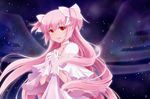  alternate_costume bow gloves hair_bow hands_on_own_chest kaname_madoka light_smile long_hair magical_girl mahou_shoujo_madoka_magica open_mouth orange_eyes pink_hair red_eyes smile solo space spoilers sun_trial transparent two_side_up ultimate_madoka upper_body very_long_hair white_gloves wings 