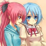  blush food long_hair mahou_shoujo_madoka_magica masarou miki_sayaka mitakihara_school_uniform multiple_girls pocky ponytail sakura_kyouko school_uniform short_hair 