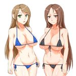  2girls bikini breasts brown_hair green_eyes jt_dong-agyoku large_breasts long_hair lowleg lowleg_bikini multiple_girls open_mouth smile swimsuit 