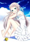  ano_hi_mita_hana_no_namae_wo_bokutachi_wa_mada_shiranai. bad_id bad_pixiv_id ball bare_legs bare_shoulders barefoot blue_eyes blue_sky cloud day face feet honma_meiko long_hair silver_hair sitting sky sleeveless smile solo v yuna_(rutera) 