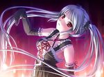  400 breasts elbow_gloves fatiette game_cg gloves grey_hair hair_ribbon kanojo_to_kanojo_to_watashi_no_nananichi long_hair looking_at_viewer medium_breasts red_eyes ribbon solo twintails upper_body 