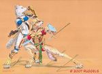  action armor arrow asheru_(setting) assault attack blue canine casia cestus couple female hail_of_arrows red scott_ruggels shield tan unconvincing_armour virinia warrior white wolf 