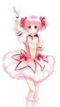  arm_up bubble_skirt choker dorris gloves hair_ribbon highres kaname_madoka magical_girl mahou_shoujo_madoka_magica pink_eyes pink_hair puffy_sleeves red_choker ribbon short_hair short_twintails simple_background skirt solo twintails white_gloves 