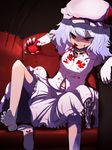  apple barefoot blood blue_hair couch food fruit mitsume_(kiiro9) no_nose red_eyes remilia_scarlet short_hair single_sock sitting smirk socks solo touhou 